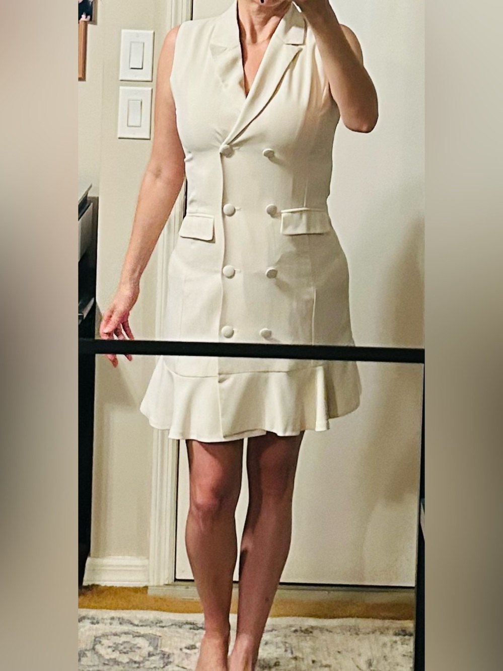 Skies Are Blue Cream Sleeveless Double-Breasted Ruffle Hem Dress Sz S